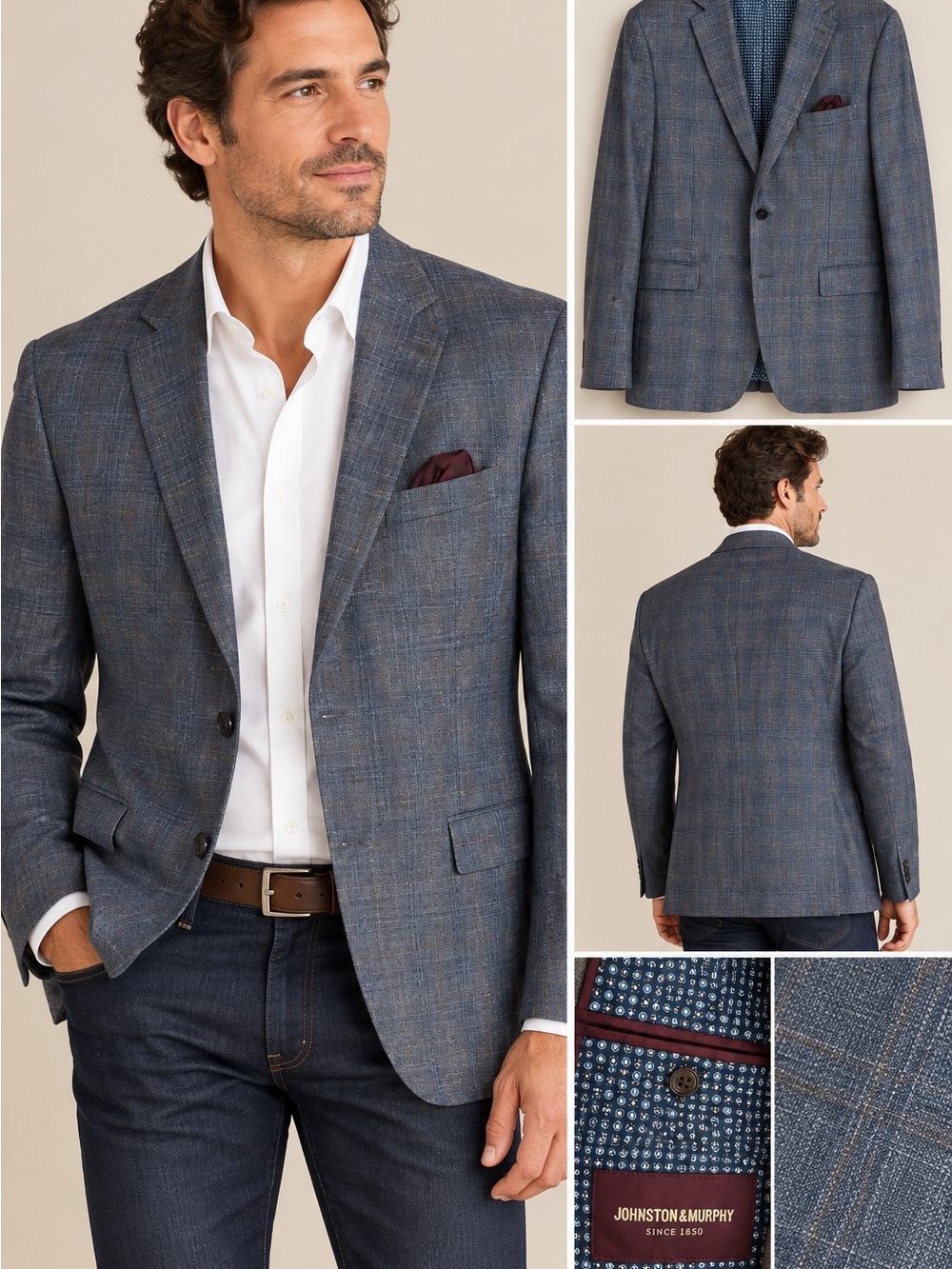 Johnston & Murphy Men's Gray-Blue Plaid Sport Coat size L 🟫